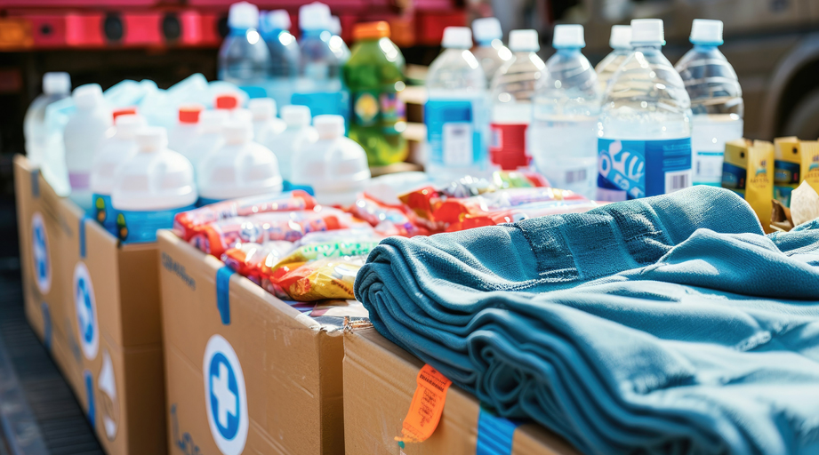 hurricane emergency preparedness - boxes of bottled water, clothing and food