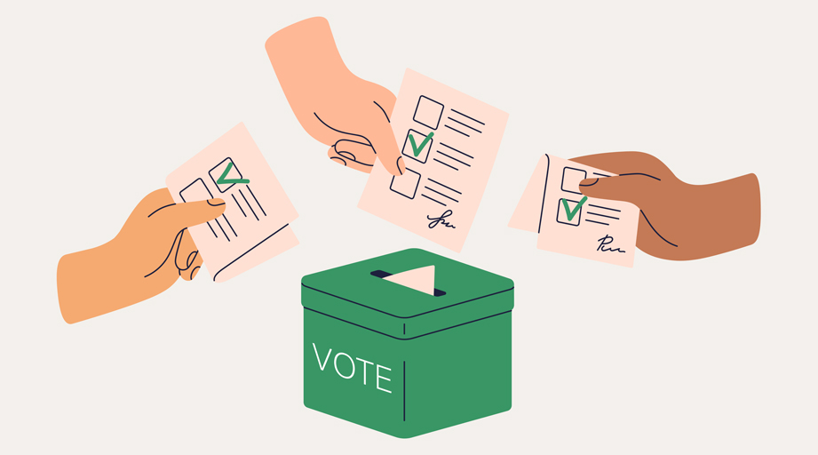 illustration of three hands submitting their vote into a box