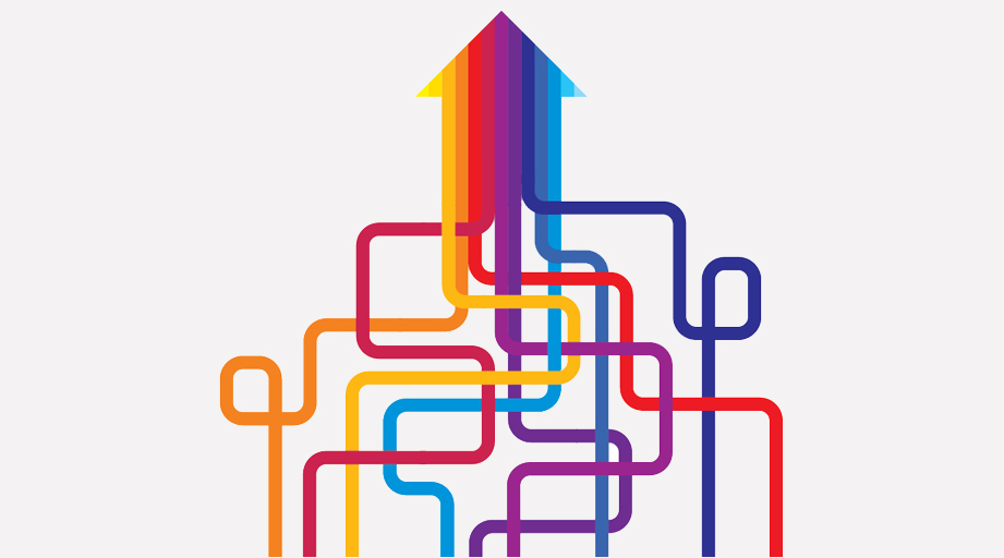multiple colorful lines merging into one arrow pointing up