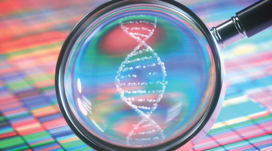 magnifying glass viewing DNA double helix