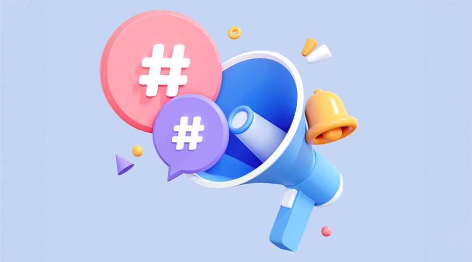 3D Megaphone with Hashtags and bell notification