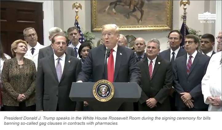 President Donald J. Trump speaks in the White House Roosevelt Room during the signing ceremony for bills banning so-called gag clauses in contracts with pharmacies.