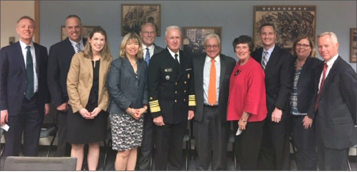 Admiral Brett P. Giroir, ASHP’s Kasey K. Thompson (third from right), and representatives of other member groups in the National Conference of Pharmaceutical Organizations gather on October 30 at the Hubert H. Humphrey Building, headquarters of the Department of Health and Human Services. Photo courtesy of Lucinda L. Maine.