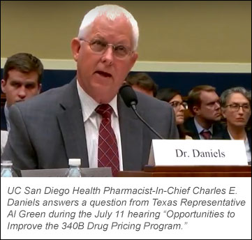UC San Diego Health Pharmacist-In-Chief Charles E. Daniels answers a question from Texas Representative Al Green during the July 11 hearing “Opportunities to Improve the 340B Drug Pricing Program.”