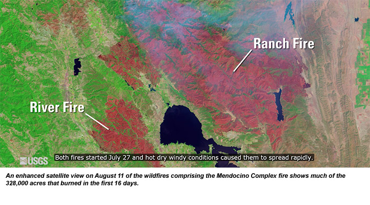 An enhanced satellite view on August 11 of the wildfires comprising the Mendocino Complex fire shows much of the  328,000 acres that burned in the first 16 days.